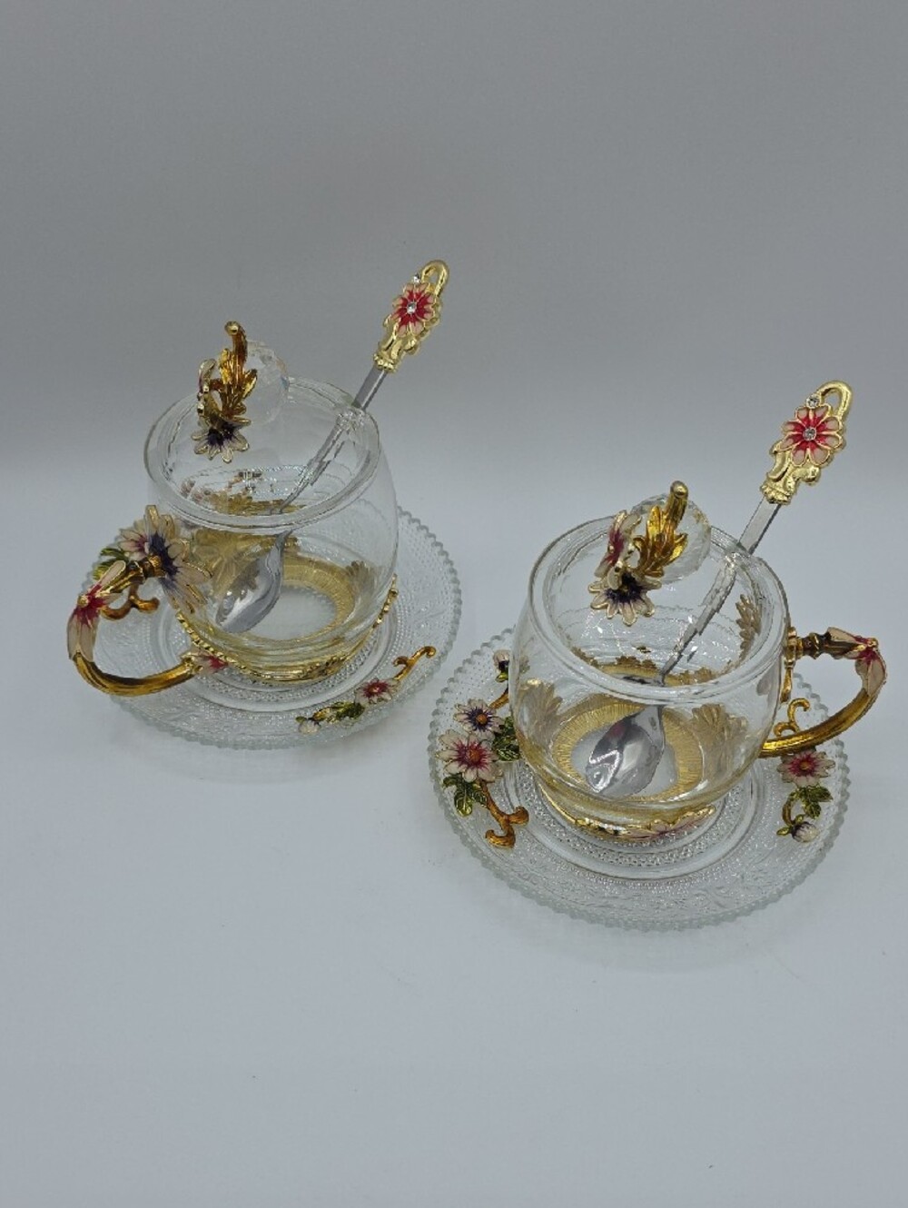 Sheeyee Gold-Trim Glass Tea Set with Pink And Purple Floral Accents - New In Box
